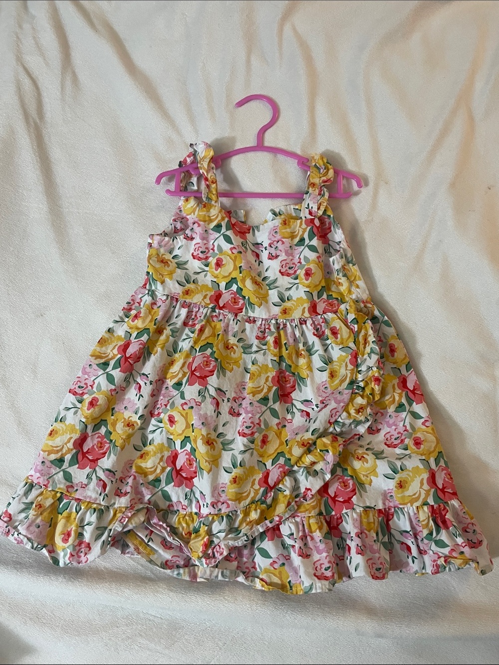 ⭐️Blueberi Boulevard Floral Ruffle Dress in White with Yellow & Pink Roses